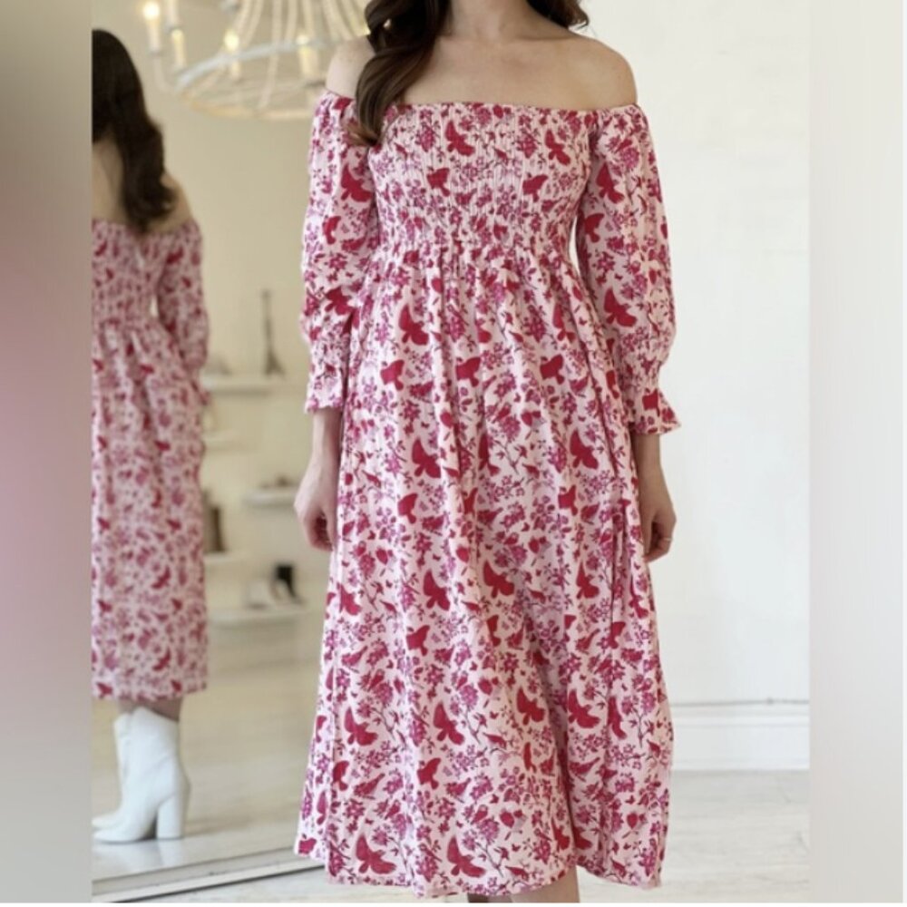 Victoria Dunn  Ol' Village Songbird Midi Dress Pink Smocked Floral Cotton Large